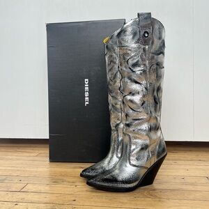 Diesel Silver Chrome Brushed Leather Wedge Heel Cowboy Boots